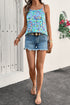 Artistic Floral Abstract Textured Rhinestone Detail Spaghetti Strap Summer Tank